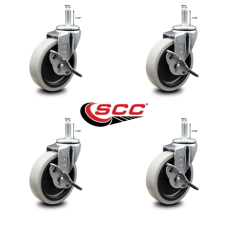 SERVICE CASTER 4 Inch Thermoplastic Wheel 8mm Threaded Stem Caster Set with Brakes SCC, 4PK SCC-TS05S410-TPRS-SLB-M815-4